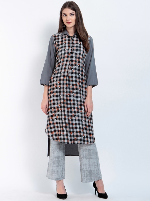 

Ives Women Grey & Black Printed Straight Kurta