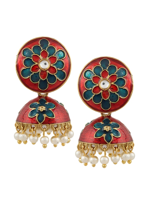 

Sia Art Jewellery Gold-Toned & Red Dome Shaped Jhumkas