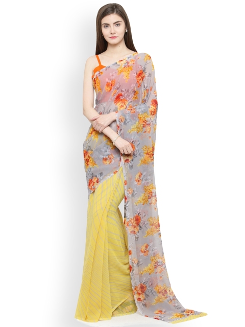 

Shaily Grey & Yellow Pure Georgette Floral Print Half & Half Saree