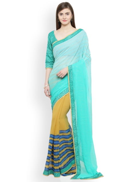 

Shaily Turquoise Blue & Beige Pure Georgette Printed Half & Half Saree