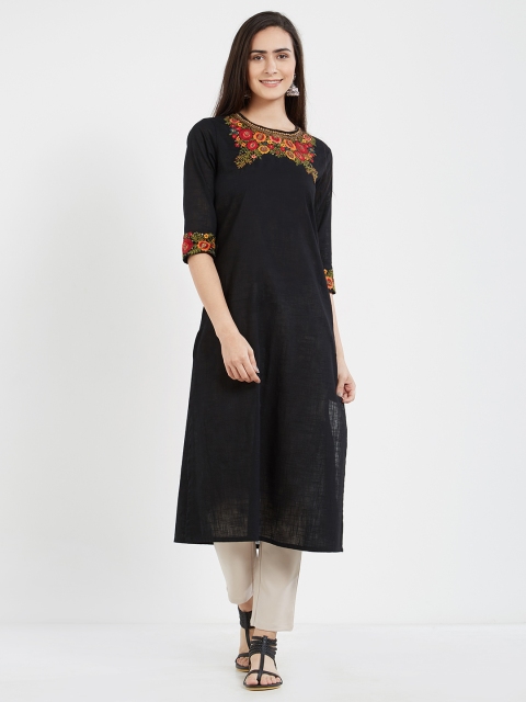 

Desi Weavess Women Black Embroidered Straight Kurta