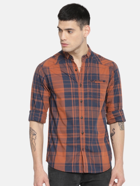 

SPYKAR Men Rust Orange & Navy Blue Slim Fit Checked Casual Shirt