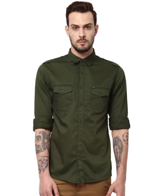 

SPYKAR Men Olive Green Slim Fit Self Design Casual Shirt