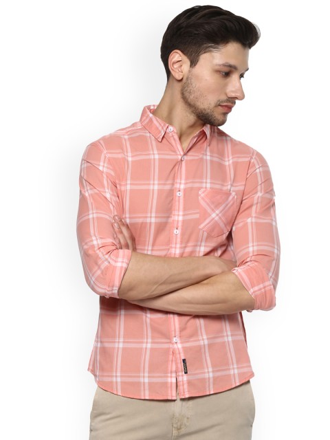 

SPYKAR Men Peach-Coloured Slim Fit Checked Casual Shirt