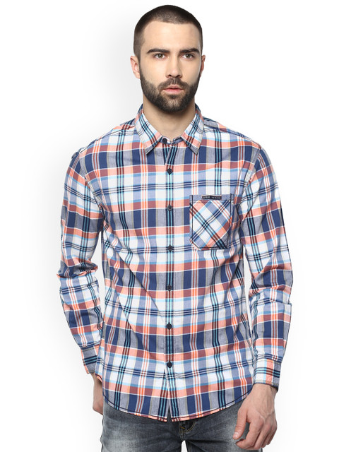 

SPYKAR Men Blue & Peach-Coloured Slim Fit Checked Casual Shirt