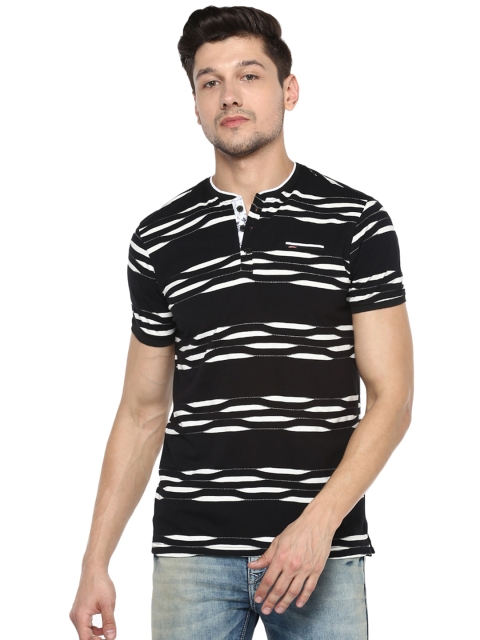 

SPYKAR Men Black White Printed Henley Neck Pure Cotton T-shirt