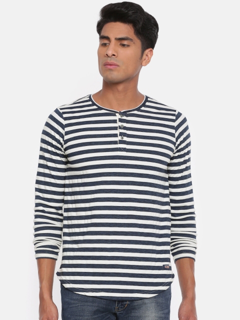 

SPYKAR Men Navy Blue White Striped Henley Neck Pure Cotton T-shirt