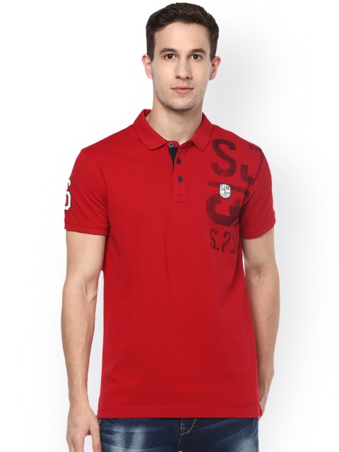 

SPYKAR Men Red Printed Polo Collar Slim Fit Pure Cotton T-shirt