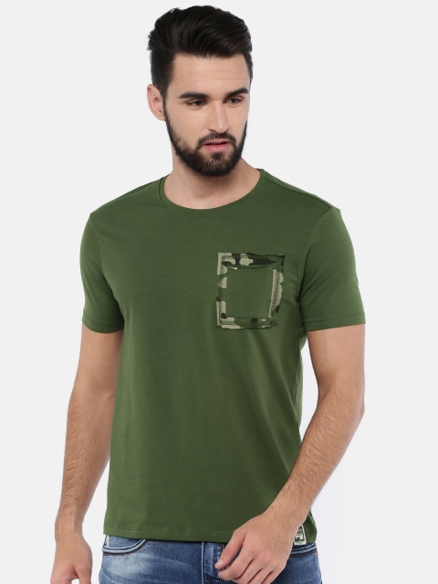 

SPYKAR Men Olive Green Solid Round Neck Pure Cotton T-shirt