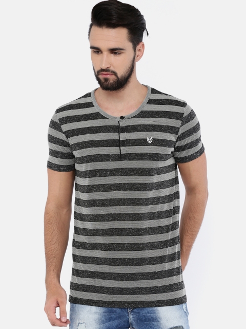 

SPYKAR Men Grey Black Striped Slim Fit Henley Neck Pure Cotton T-shirt