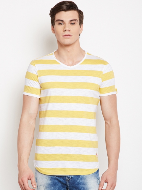 

SPYKAR Men Yellow White Striped V-Neck Pure Cotton T-shirt