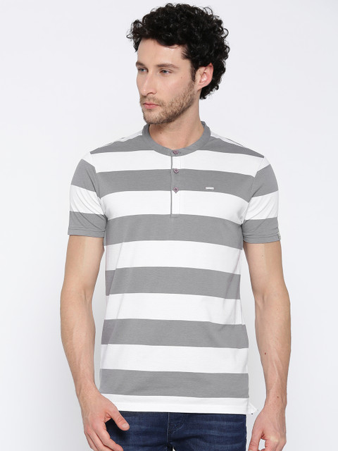 

SPYKAR Men White Grey Striped Slim Fit Henley Neck Pure Cotton T-shirt