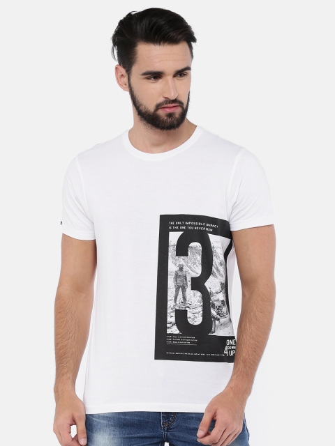 

SPYKAR Men White Printed Slim Fit Round Neck Pure Cotton T-shirt