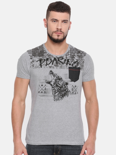 

SPYKAR Men Grey Printed Round Neck T-shirt, Grey melange