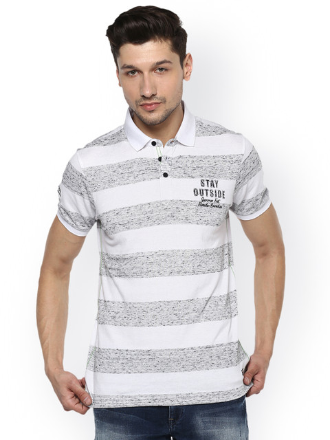 

SPYKAR Men White Striped Polo Collar Slim Fit Pure Cotton T-shirt