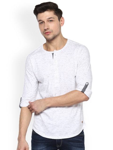 

SPYKAR Men White Self Design Slim Fit Henley Neck Pure Cotton T-shirt