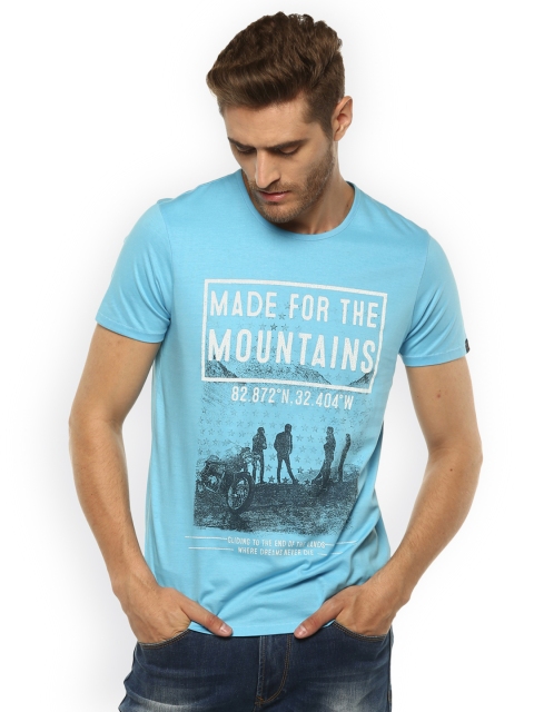 

SPYKAR Men Turquoise Blue Printed Round Neck Pure Cotton T-shirt