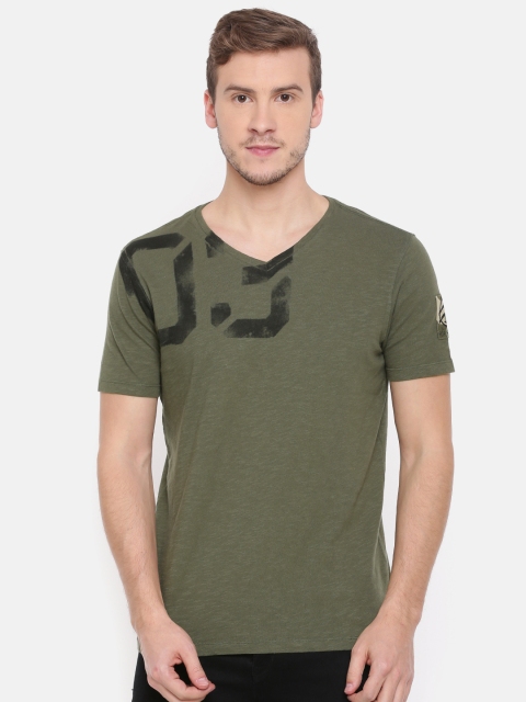 

SPYKAR Men Olive Green Solid V-Neck Pure Cotton T-shirt