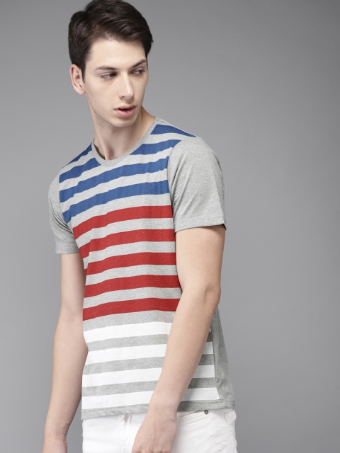 

HERE&NOW Men Grey Melange & Blue Striped Round Neck T-shirt