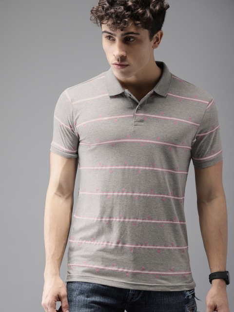 

HERE&NOW Men Grey & Pink Striped Polo Collar T-shirt