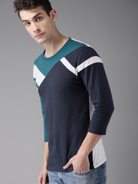 

HERE&NOW Men Navy Blue & White Colourblocked Round Neck T-shirt