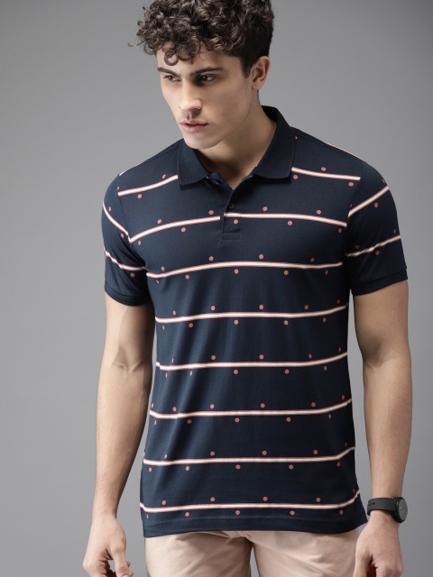 

HERE&NOW Men Navy & Pink Striped Polo Collar T-shirt, Navy blue