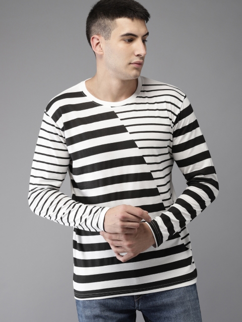 

HERE&NOW Men White & Black Striped Round Neck T-shirt