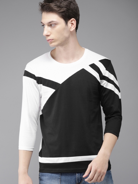 

HERE&NOW Men Black & White Colourblocked Round Neck T-shirt