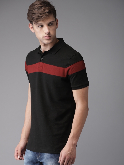 

HERE&NOW Men Black & Maroon Solid Polo Collar T-shirt