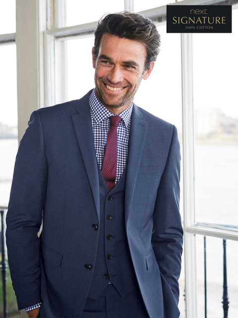 

next Men Blue Woollen Tailored Fit Self-Design Single-Breasted Formal Blazer