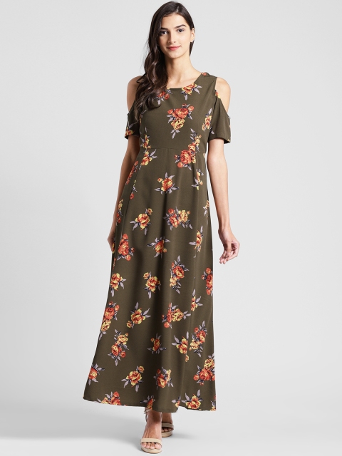

plusS Women Olive Green Floral Print Maxi Dress