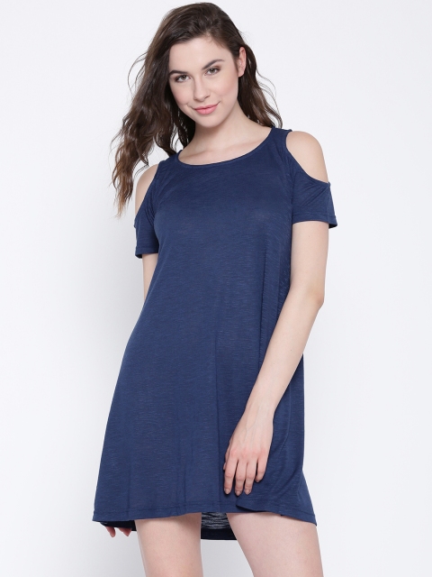 

Sera Women Navy Blue Solid Cold Shoulder A-Line Dress