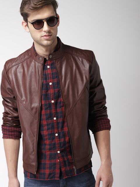 

Harvard Men Maroon Solid Biker Jacket