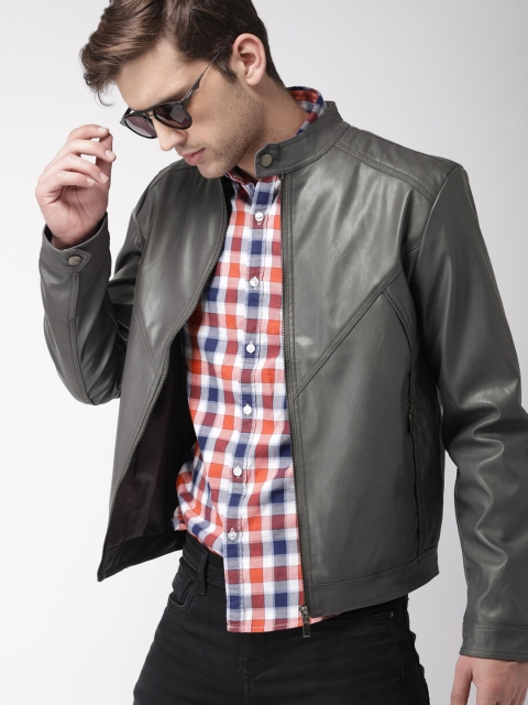 

Harvard Men Grey Solid Biker Jacket