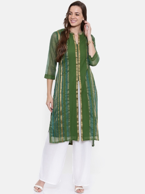 

Biba Women Green & Gold-Toned Striped Straight Kurta