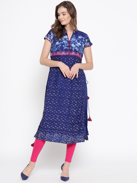 

Biba Women Navy Blue Printed Straight Kurta