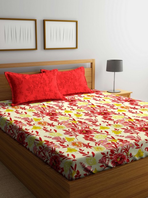 

Portico New York Cream-Coloured & Red Floral Flat 144 TC Cotton 1 Queen Bedsheet with 2 Pillow Covers