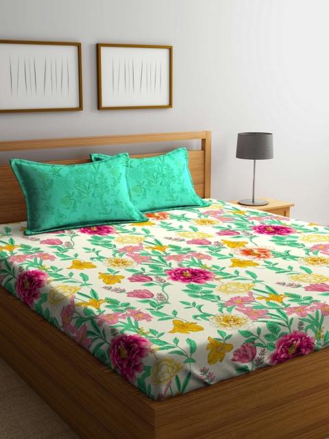 

Portico New York Cream-Coloured & Green Floral Flat 144 TC Cotton 1 Queen Bedsheet with 2 Pillow Covers