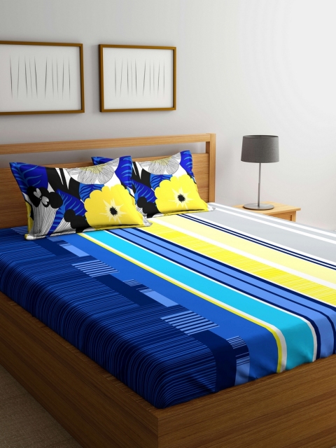 

Portico New York Blue & Yellow Striped Flat 144 TC Cotton 1 Queen Bedsheet with 2 Pillow Covers