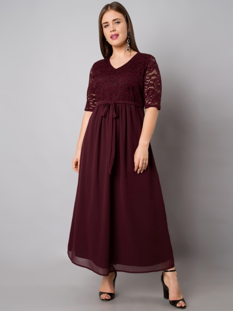 

FabAlley Curve Plus Size Women Maroon Self Design Maxi Dress