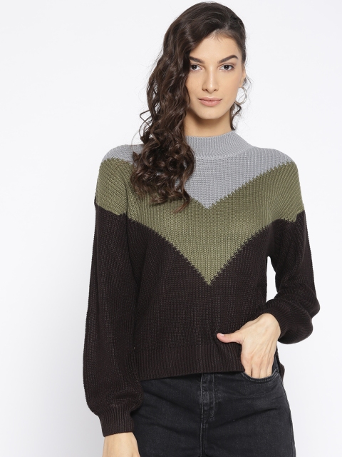 

Roadster Women Black & Olive Green Colourblocked Pullover