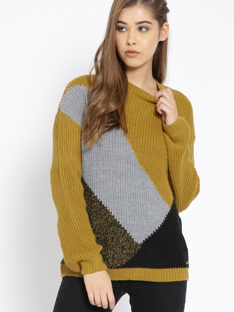 

Roadster Women Mustard Yellow & Grey Colourblocked Pullover
