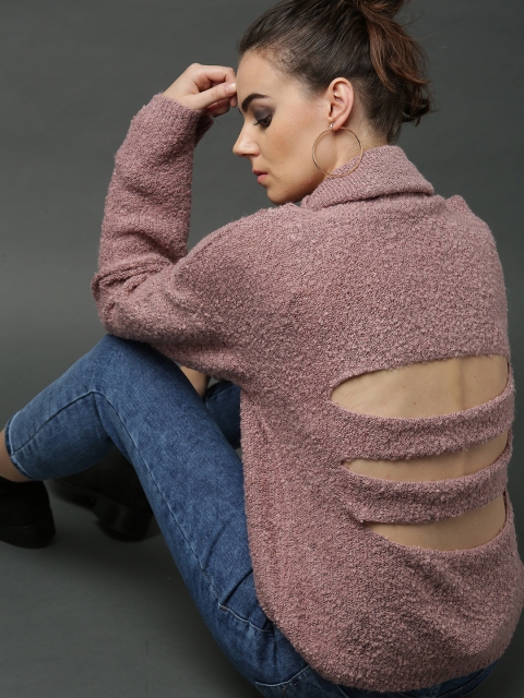 

Roadster Women Pink Solid Sweater With Boucle Knit