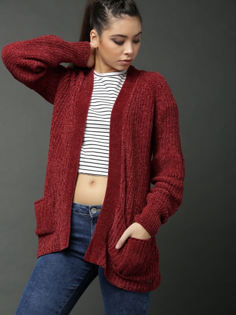 

Roadster Maroon Self Design Open Front Shrug
