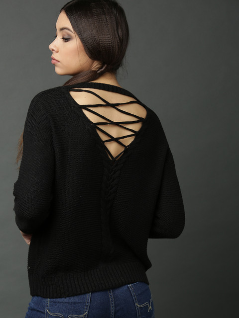 

Roadster Women Black Self Design Styled Back Sweater