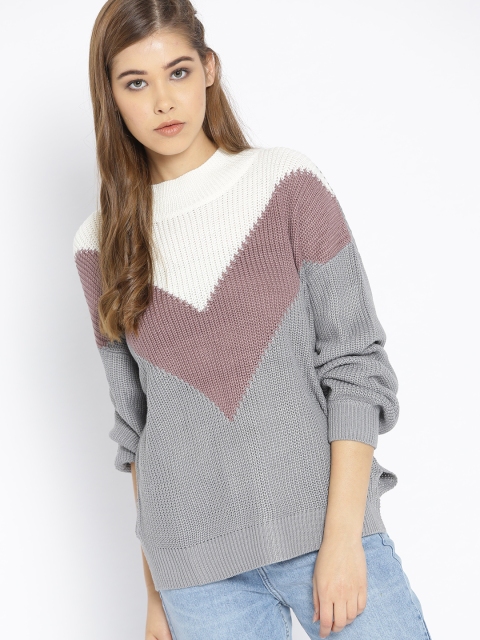 

Roadster Women Grey & White Colourblocked Pullover