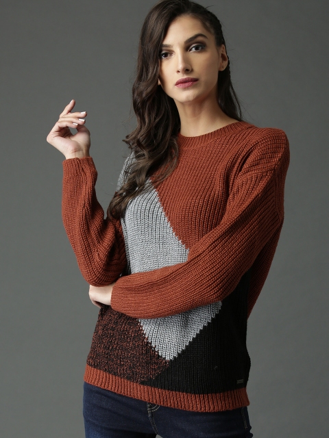 

Roadster Women Rust Brown & Grey Colourblocked Pullover
