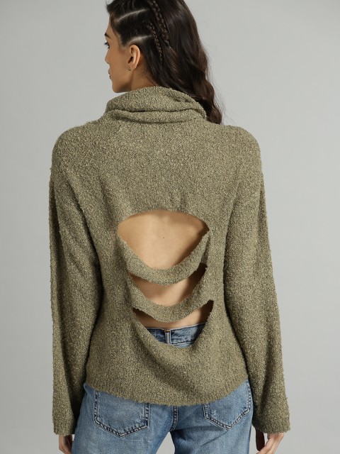 

Roadster Women Olive Green Self Design Styled Back Pollover