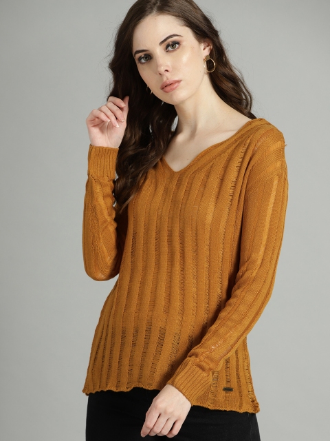 

Roadster Women Mustard Yellow Open-Knit Ribbed Sweater