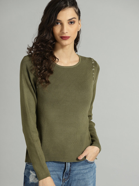 

Roadster Women Olive Green Solid Sweater